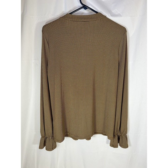 Adrianna Papell blouse Women's brown check 1/4 Button Top Ruffle Neck Sheer M - Picture 5 of 7